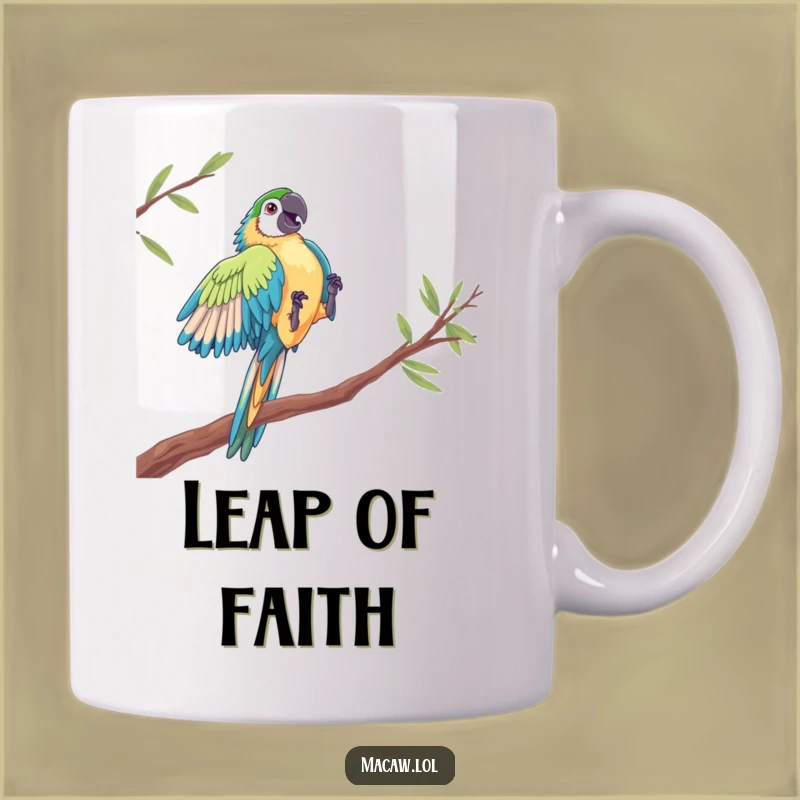 Funny Macaw Acrobat Mug - Dramatic Bird Leap Coffee Cup Gift