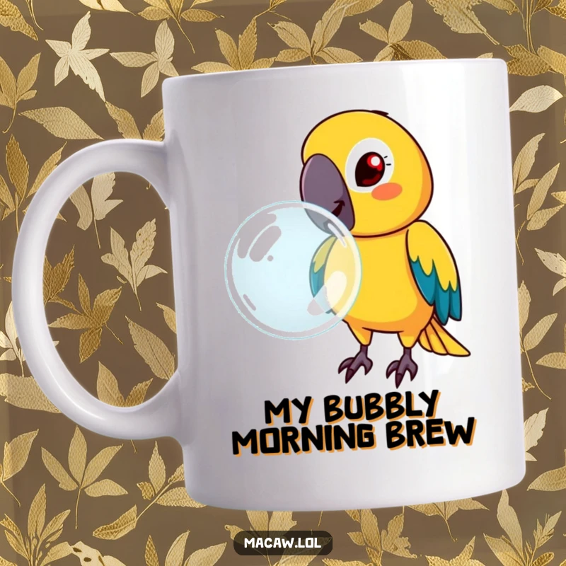 Funny macaw with a determined face, blowing a large bubble, on a coffee mug, conveying hilarious concentration.