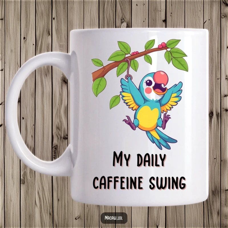 Funny macaw playfully swinging from a vine with excitement on a coffee mug, conveying pure joy and energy.
