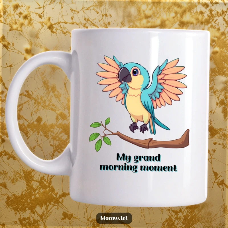Funny mug featuring a macaw bird perched dramatically with its wings fully outstretched, striking an impressive and grand pose.