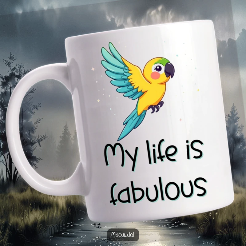 Funny macaw mug, a vibrant bird soaring through a dazzling cloud of shimmering glitter, celebrating joy and fun.