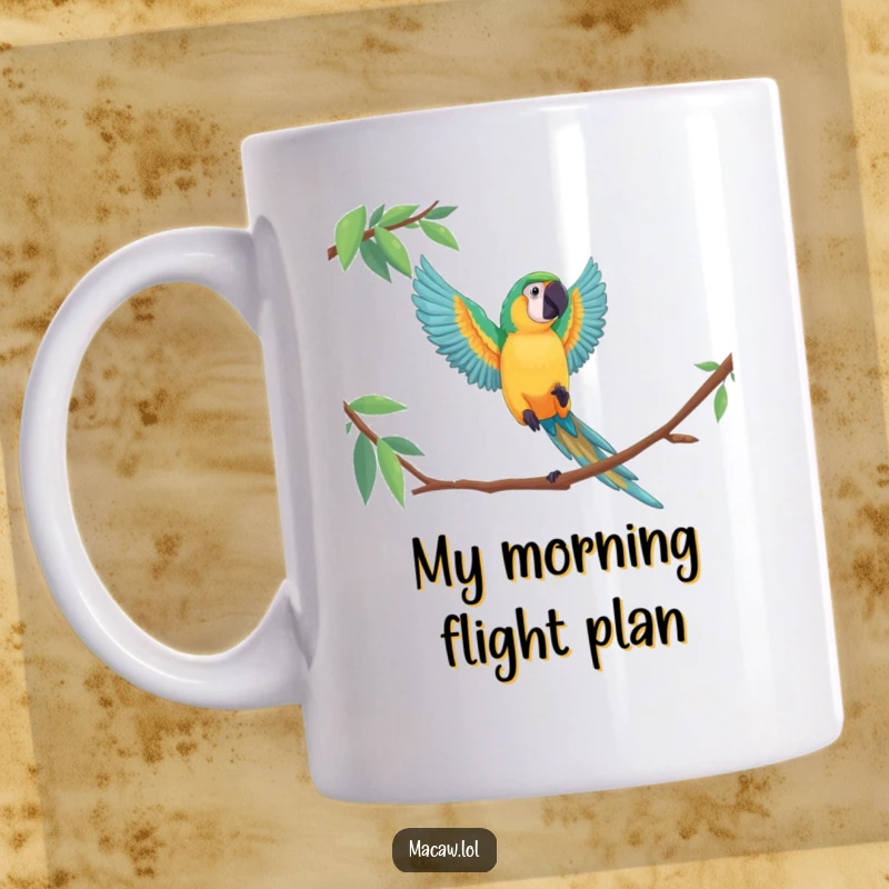 Funny macaw mug showcasing a bird mid-dramatic leap between perches, capturing its adventurous and bold personality.