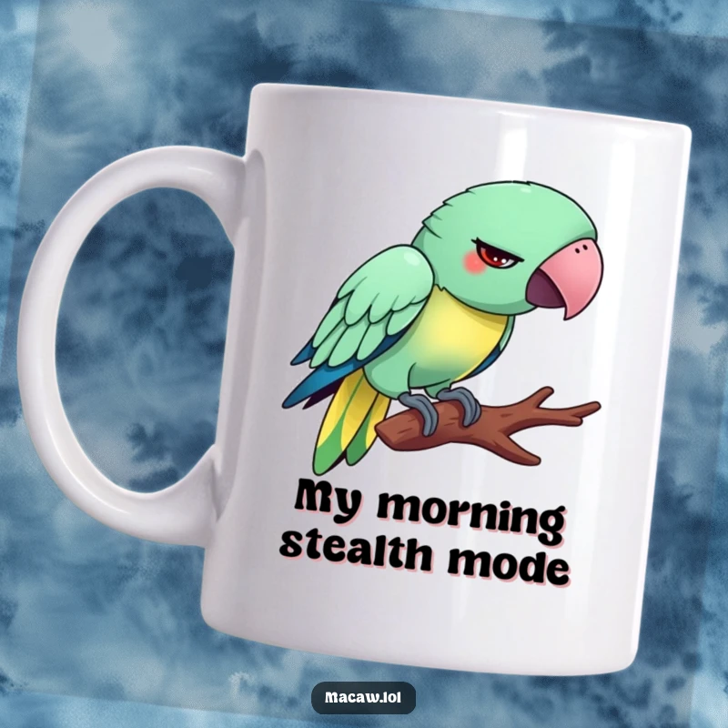 Funny Tiptoeing Macaw Mug: A silly bird with a hilarious expression, awkwardly attempting to tiptoe on a branch.