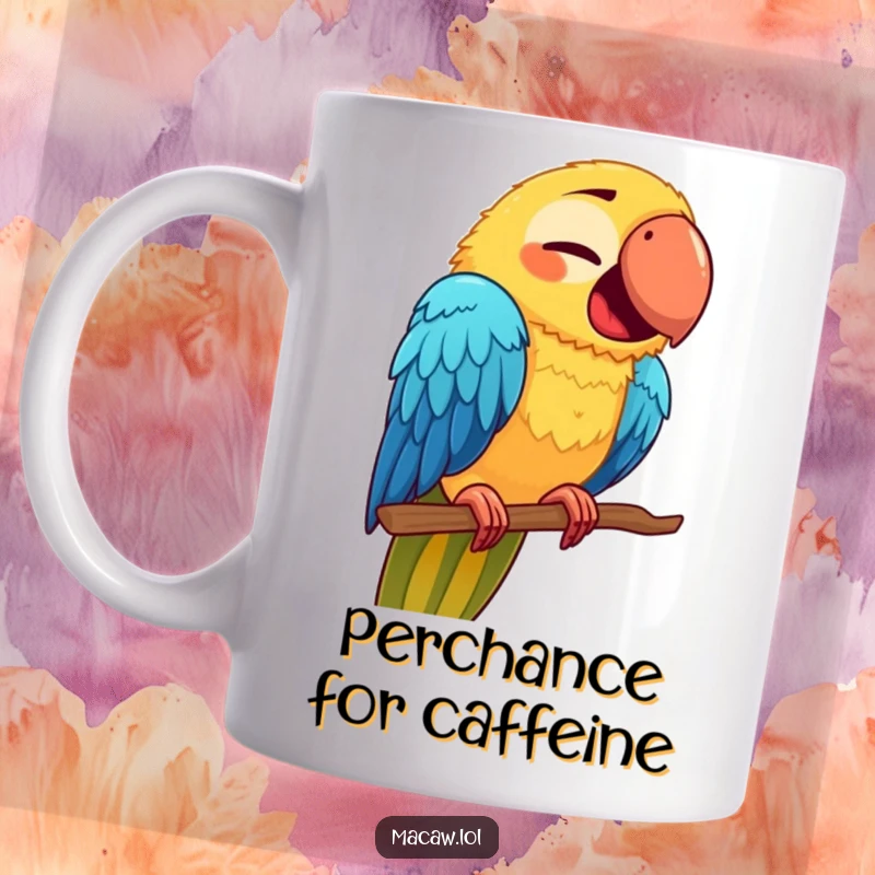 Funny Macaw Face Mug: A cute macaw with a comical expression, balancing on a new perch, conveying funny surprise.