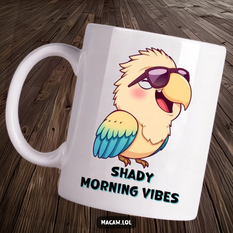 Funny mug featuring a cheerful macaw bird squawking enthusiastically while sporting a stylish pair of sunglasses, exuding cool vibes.