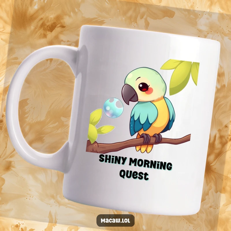 Funny kawaii macaw mug, depicting a bird perched on a branch, curiously eyeing a shiny object, radiating playful fascination and humor, a great funny gift.