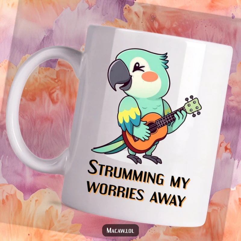 Funny macaw playing a tiny ukulele with a wink, a cheerful tropical bird musician, ideal for coffee lovers.