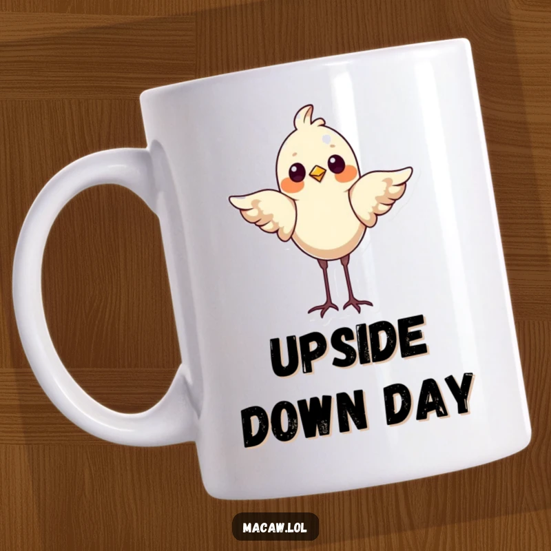Funny Bird Mug: A proud avian character balances on its head, wings flapping, showcasing a unique and humorous accomplishment.