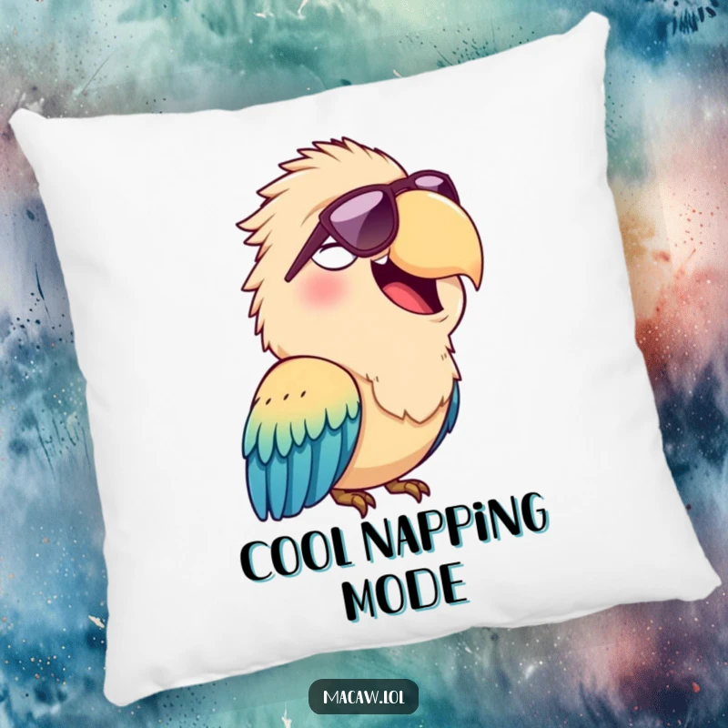 Funny pillow featuring a cheerful macaw bird squawking happily while wearing sunglasses, bringing cool comfort to any room.