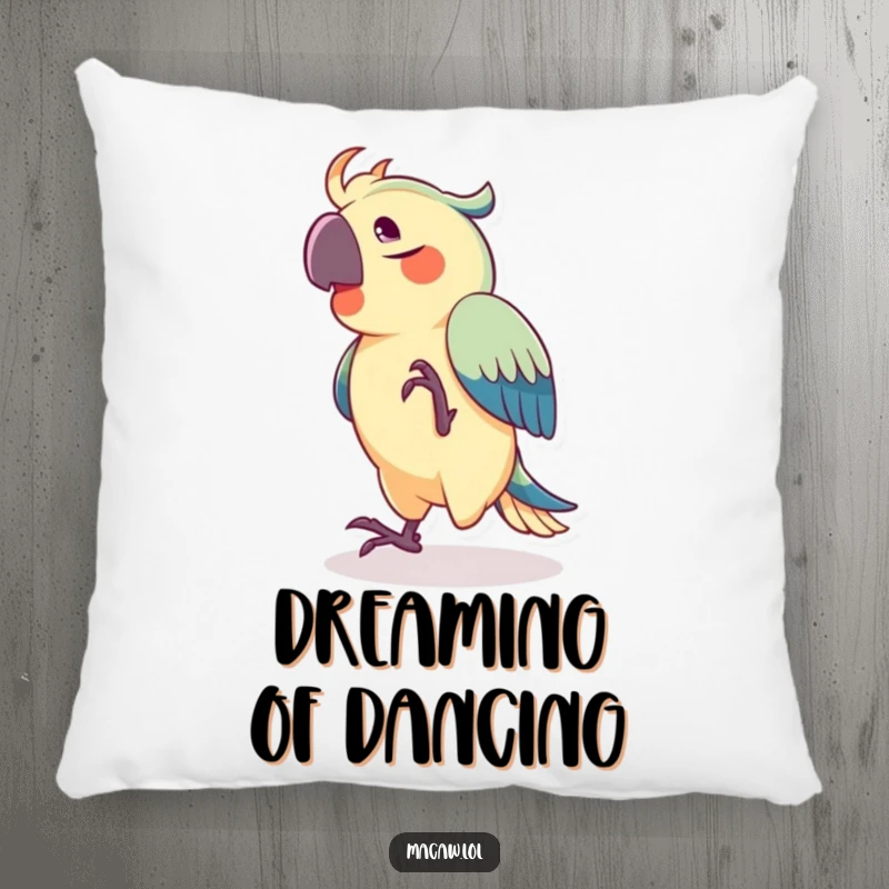 Funny pillow with a joyful macaw dancing energetically, its foot tapping rhythmically, offering comfortable and amusing decor.
