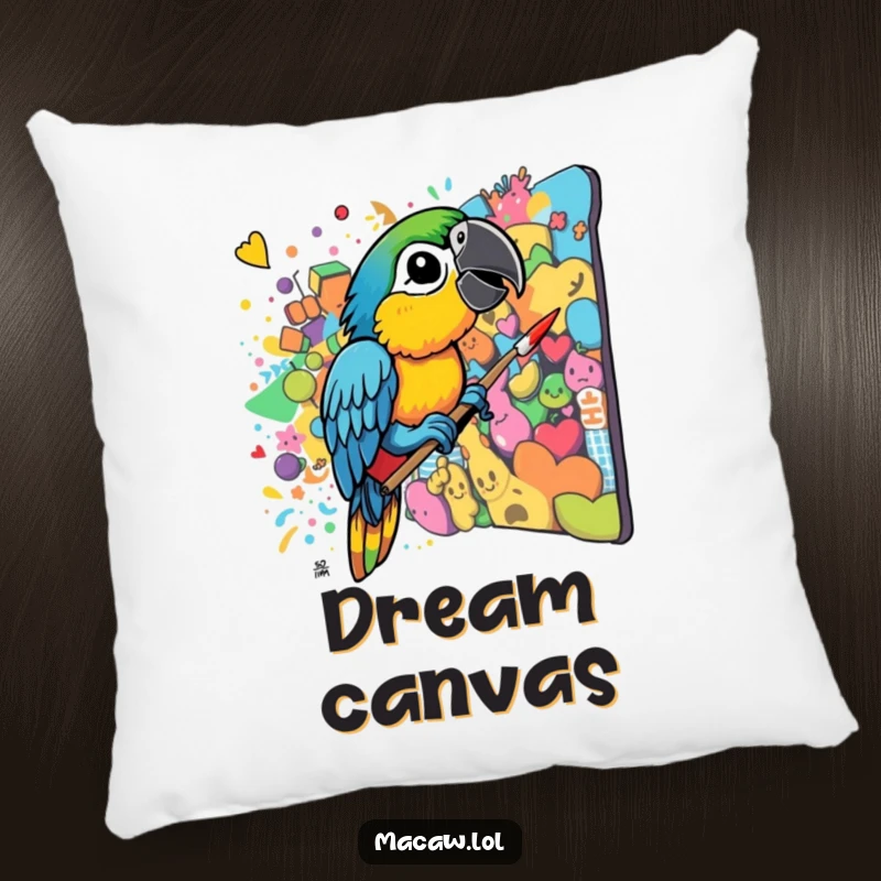 Funny Macaw Artist Pillow: A colorful bird paints a chaotic mural with its beak, offering comfort and vibrant artistic humor.