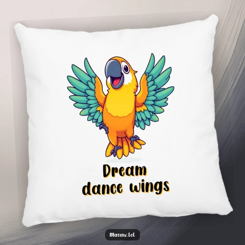 Soft pillow featuring a vibrant macaw with a wide grin dancing with outstretched wings, a fun decor item.