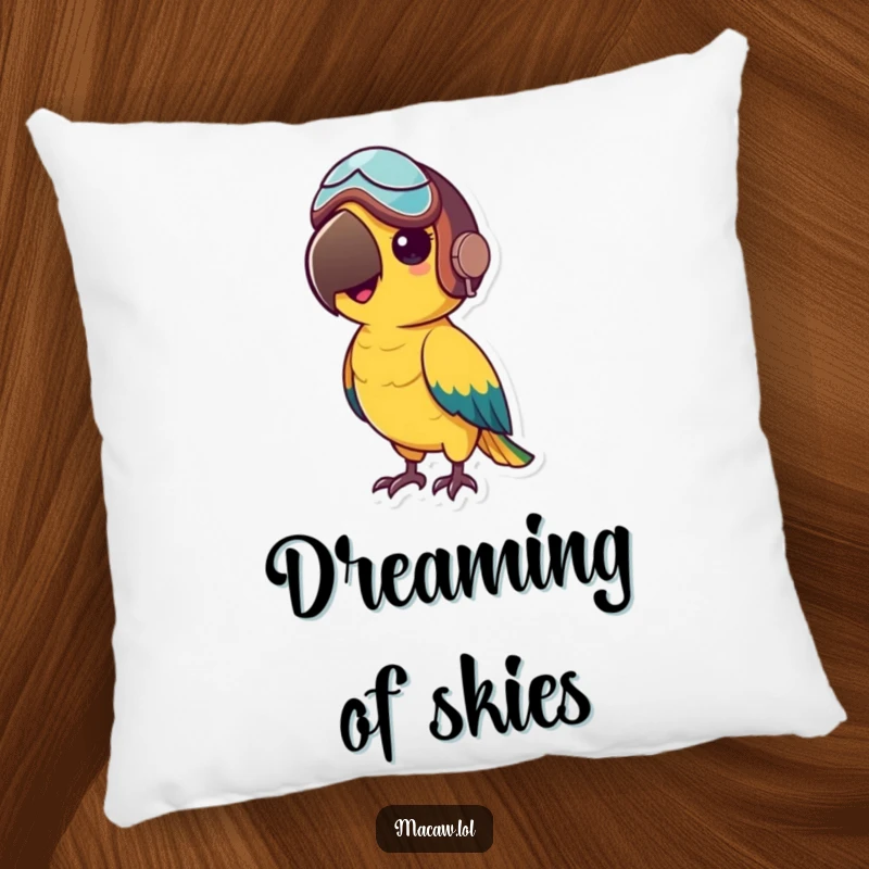 Funny pillow featuring a small macaw bird in a tiny aviator helmet, ready for adventure, offering soft comfort.