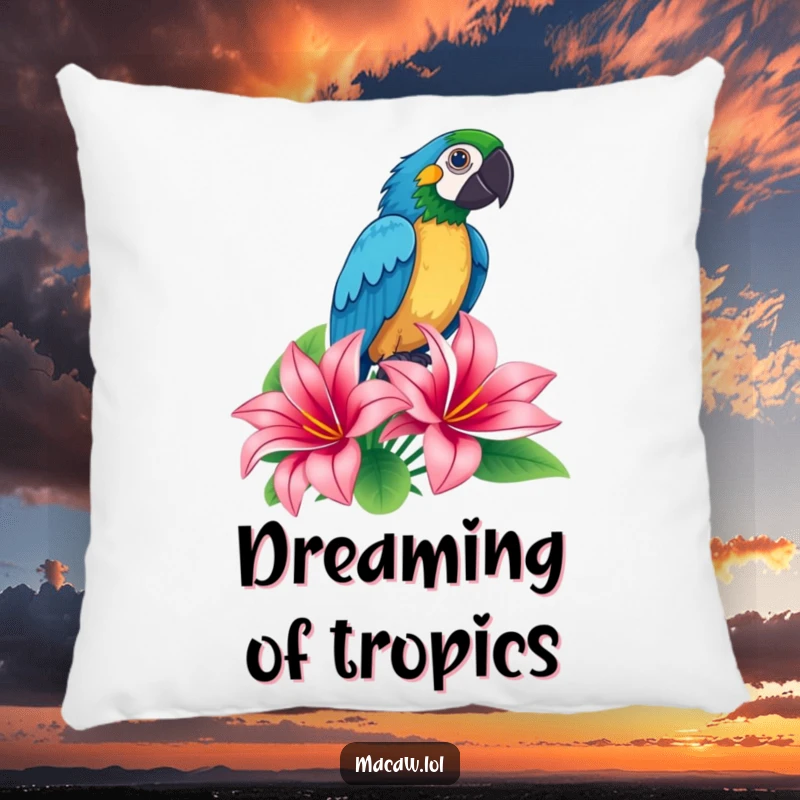 Funny macaw striking a dramatic proud pose atop a tropical flower on a pillow, a soft and humorous decorative item.