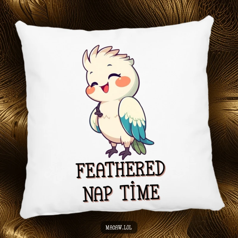 Funny Macaw Pillow featuring a happy macaw preening its bright feathers with a pleased expression, offering soft comfort.