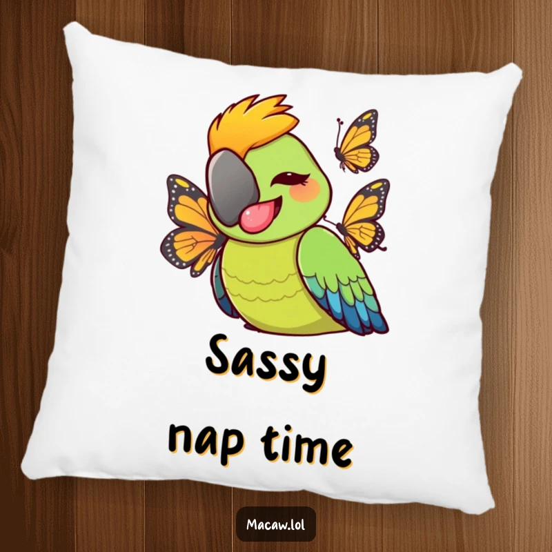 Funny cheeky macaw bird sticking tongue out playfully at a butterfly, soft and humorous decorative cushion for comfort and smiles.