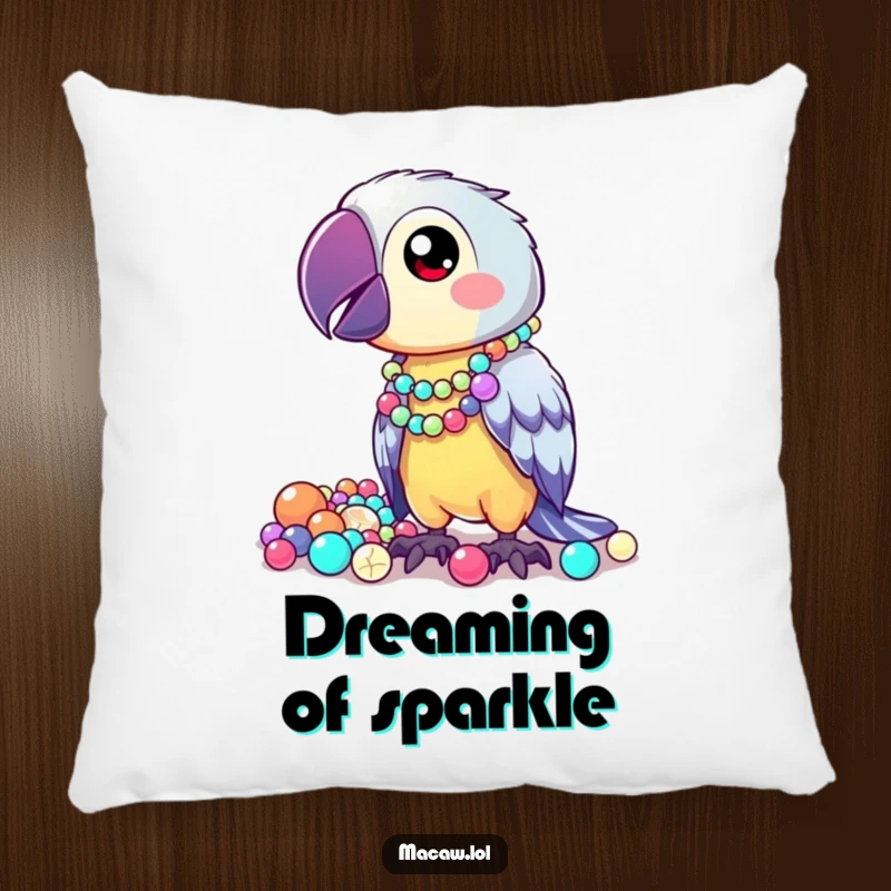 Funny Pillow featuring a kawaii macaw proudly showing off its collection of shiny, mismatched beads, perfect for cozy comfort.