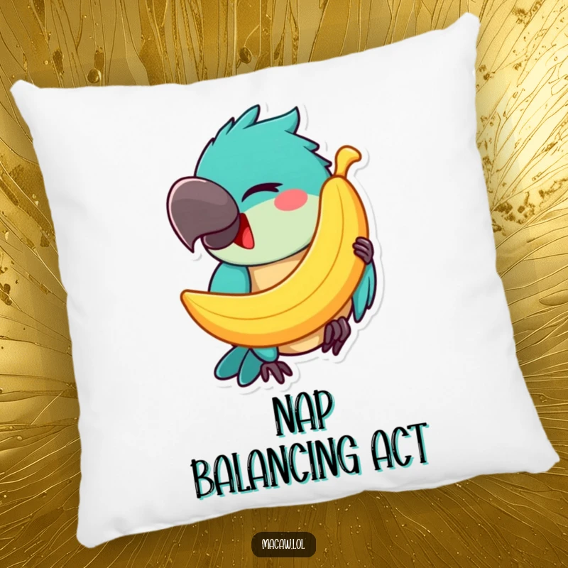 Funny Macaw Pillow: A happy macaw winks while balancing a banana on its beak, a soft and humorous decorative accent.
