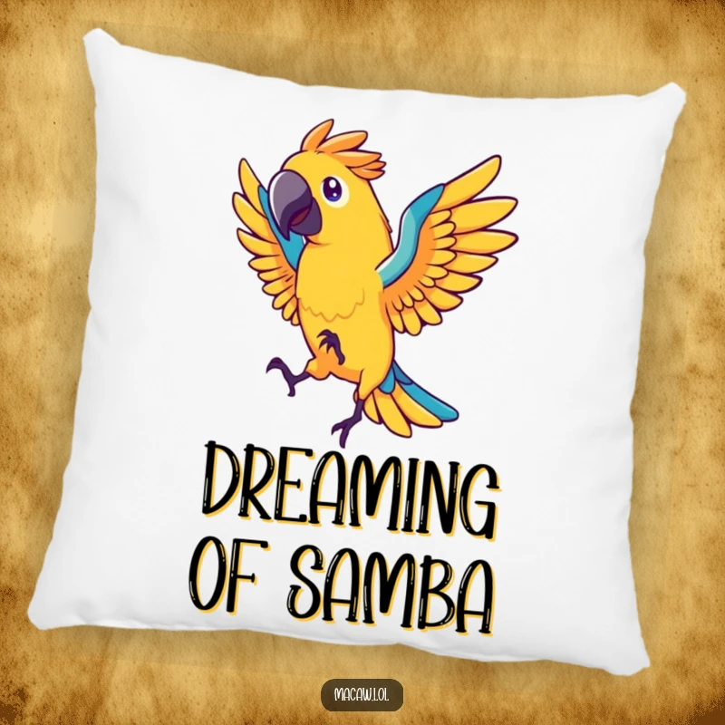 Funny macaw bird pillow, stylized bird dancing energetically with fanned tail feathers, vibrant, comfortable, humorous home decor.