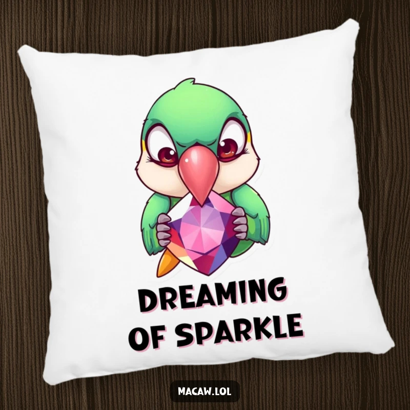 Funny Macaw Pillow: A macaw with exaggerated rolling eyes pecks at a giant gemstone, a soft and humorous decorative accent.