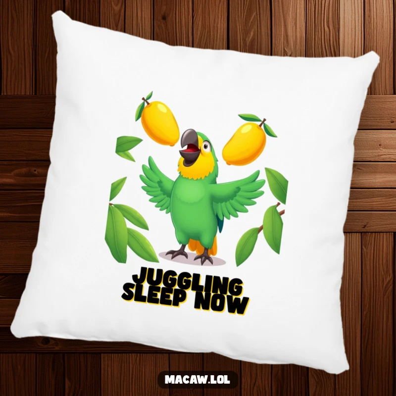 Funny macaw pillow featuring a cheerful bird juggling bright mangoes, ideal for sofa decoration.
