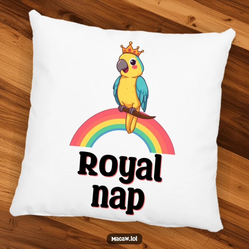 Funny Macaw King Pillow featuring a happy macaw king resting on a vibrant rainbow, offering comfort and regal cheer.