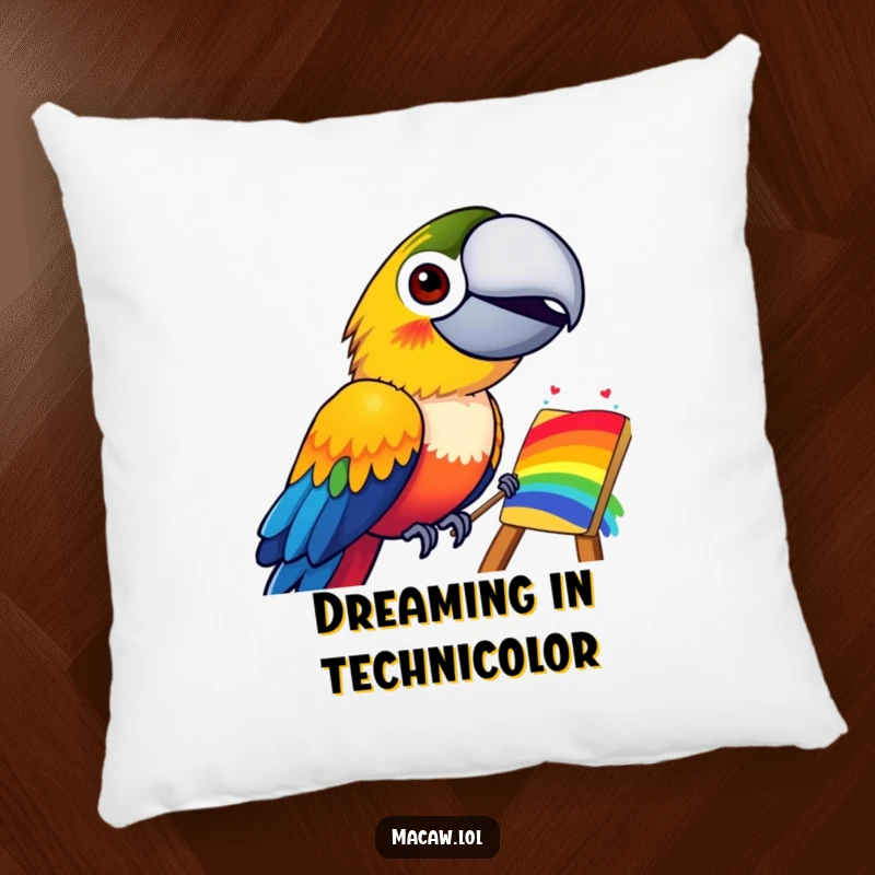 Funny pillow showing a happy macaw bird with a wide smile, painting a colorful rainbow, bringing artistic cheer to soft furnishings.