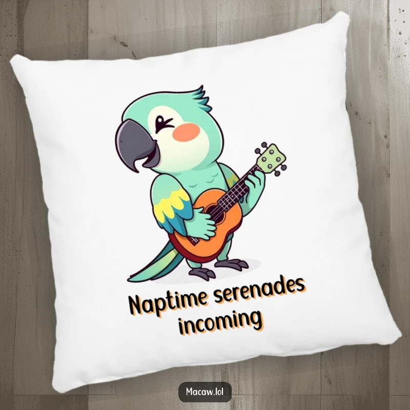 Funny macaw playing a ukulele with a wink, depicted on a soft and comfortable decorative pillow.