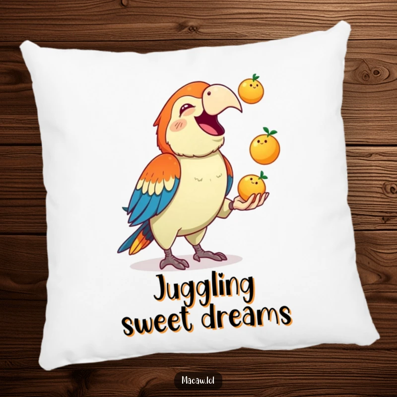 Funny Macaw Pillow: A cute macaw squawks gleefully while juggling three small fruits, a soft and humorous decorative accent.