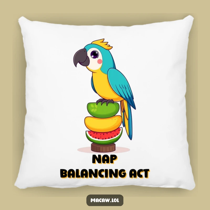 Funny Fruit Balancing Macaw Pillow: Soft, Playful Bird Accent Gift
