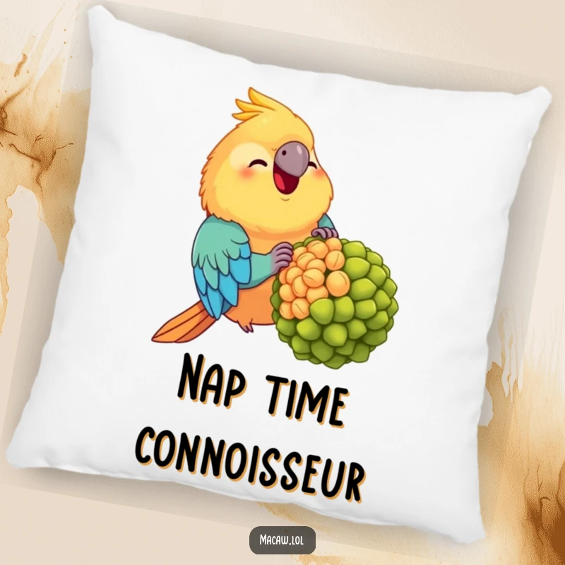 Funny Chubby Macaw Pillow: A plump, joyful macaw with a giant seed, offering humorous comfort and charm for any room.