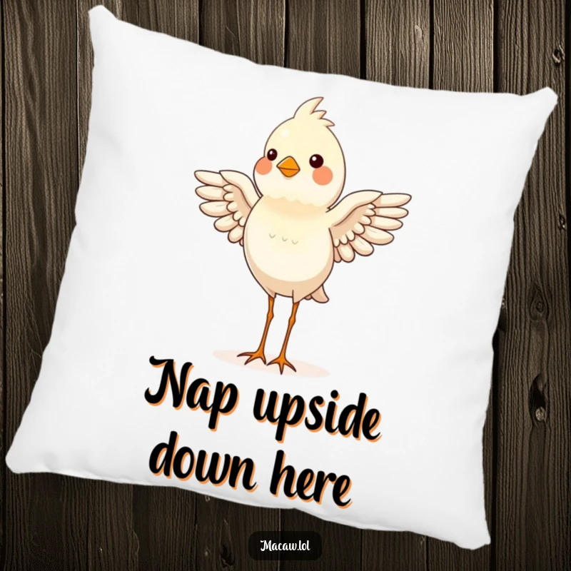 Funny bird proudly balancing on its head, wings slightly spread, a soft and humorous decorative pillow.