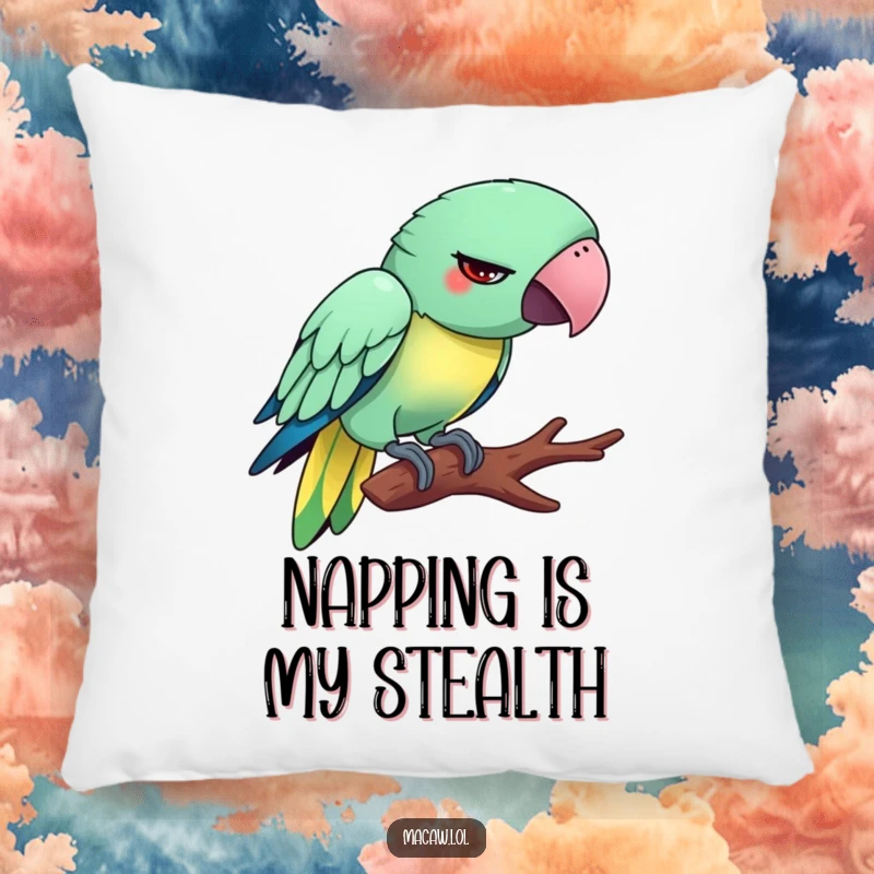 Funny Tiptoeing Macaw Pillow: A silly bird with a funny expression, attempting to tiptoe delicately on a branch.
