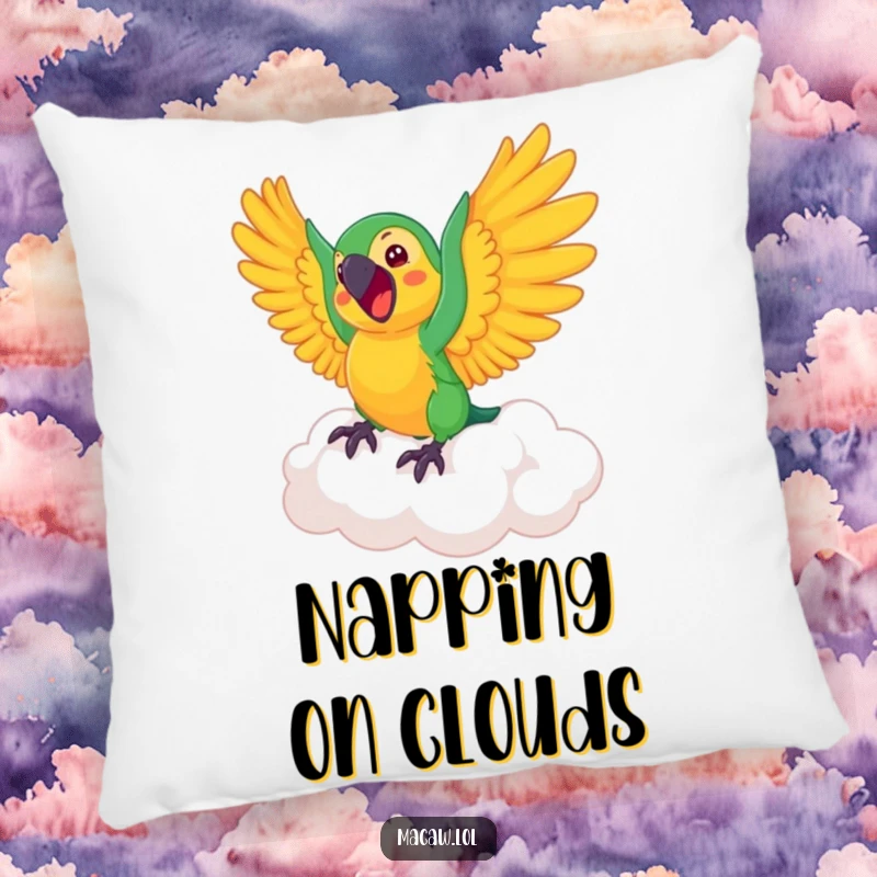 Funny Macaw Pillow: A soft pillow featuring an excited macaw bird happily riding a bouncing cloud.