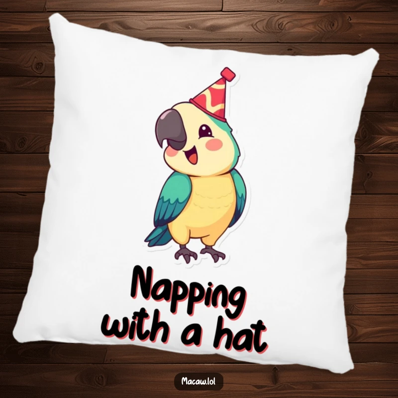 Funny pillow featuring a festive macaw wearing a tiny hat, bobbing its head joyfully, a humorous and celebratory animal character, perfect for a funny gift.