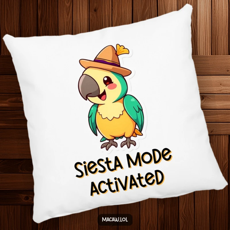 Funny Pillow featuring a cheerful macaw tipping a tiny sombrero with a flourish, perfect for adding festive comfort.