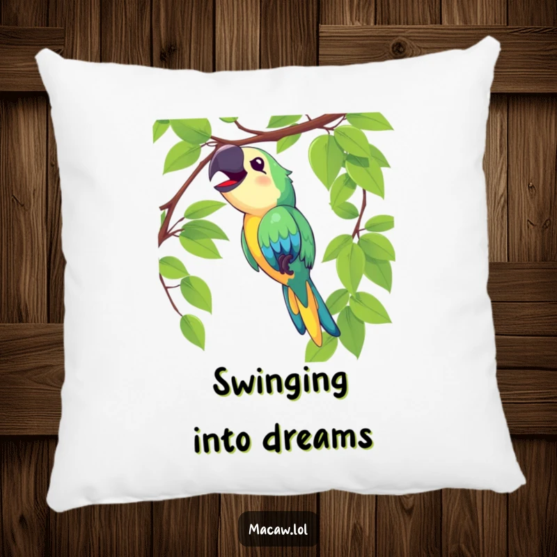 Funny macaw pillow featuring a delighted bird swinging on a vine and singing loudly, ideal for home decor.