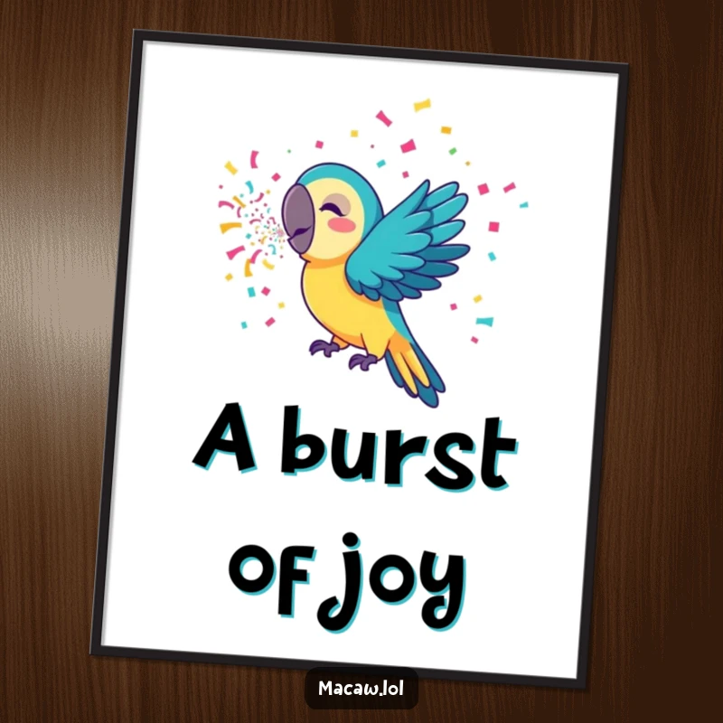 Funny macaw digital art print of a bird blowing colorful confetti, an instant download for vibrant and humorous wall decor.