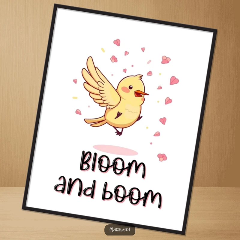 Funny Petal Party Bird Digital Art Print of a bird playfully tossing confetti made of flower petals, high-resolution for vibrant decor.