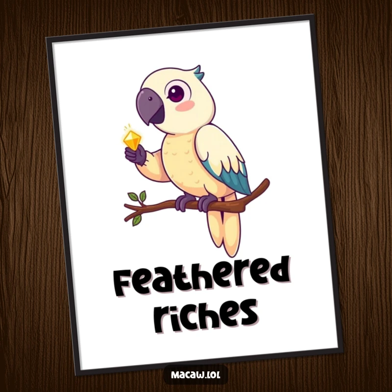 Funny macaw digital art print, a detailed illustration of a pirate parrot perched on a branch, clutching a shiny gold coin.