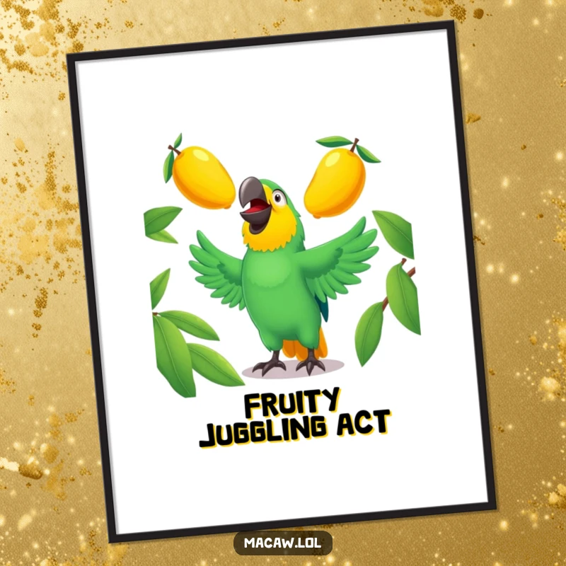 Funny macaw digital art print showing a laughing bird juggling three shiny mangoes, perfect for instant download decor.