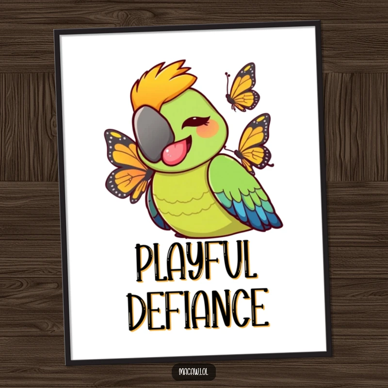 Funny cheeky macaw bird sticking tongue out playfully at a butterfly, humorous and playful downloadable digital art.