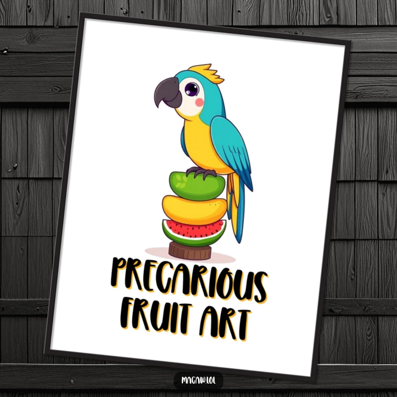 Funny digital art print of a playful macaw bird precariously balancing a tall stack of exotic fruits, ready for digital display.
