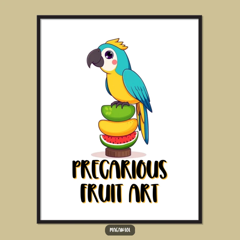 Funny Fruit Balancing Macaw Digital Art: Playful Bird's Stunt Download