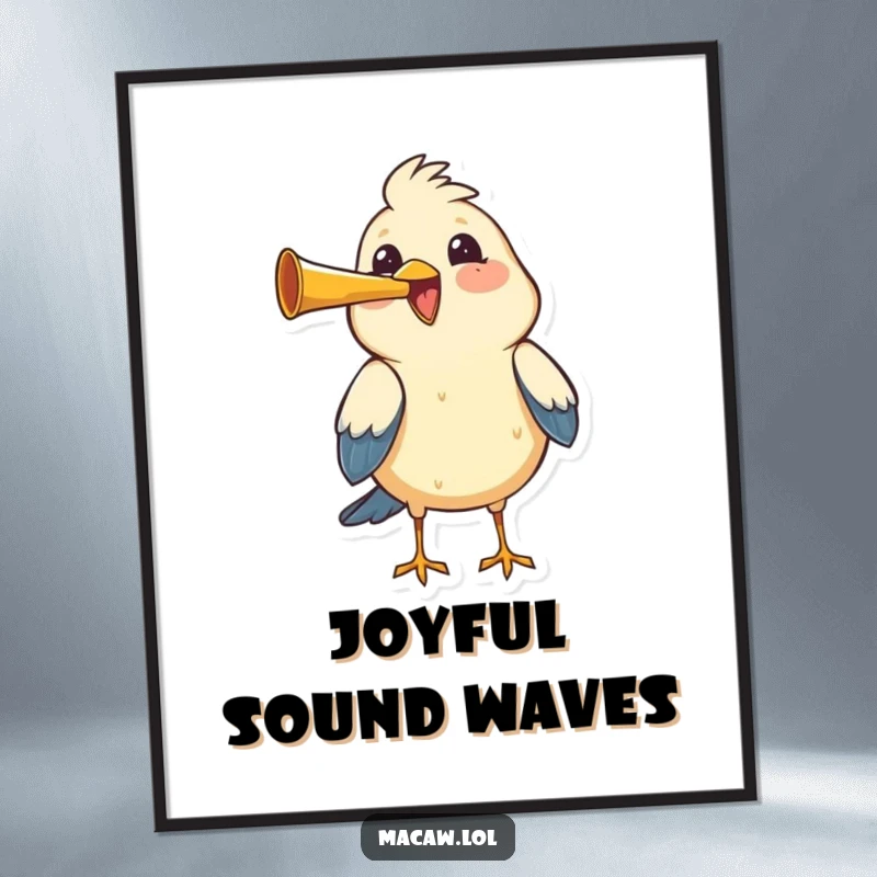 Funny bird honking a tiny horn with great joy and gusto, humorous and spirited digital art.