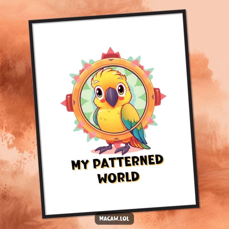 Funny digital art print of a curious macaw bird looking through a giant, sparkling kaleidoscope, filled with dazzling patterns.