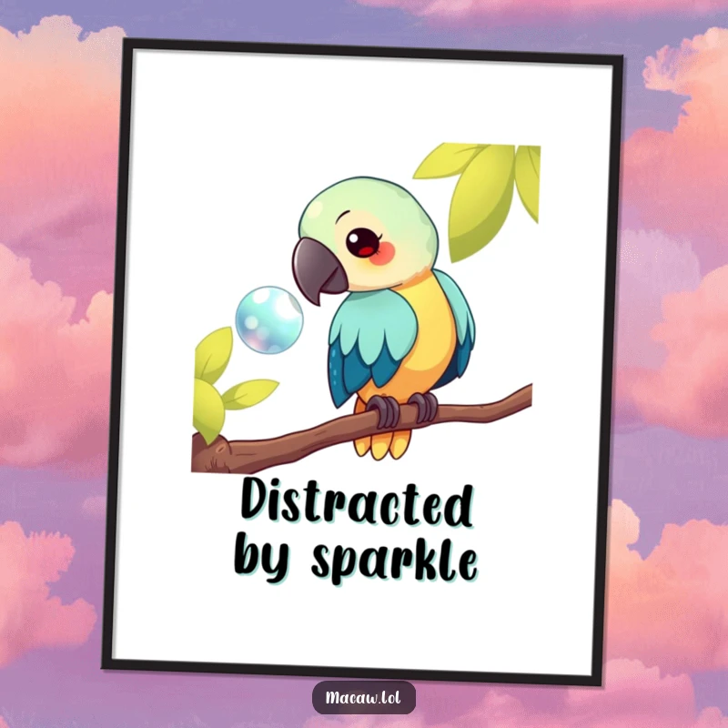 Funny kawaii macaw digital art print, featuring a bird on a branch looking at a shiny object, capturing curious humor for instant display, a funny gift.