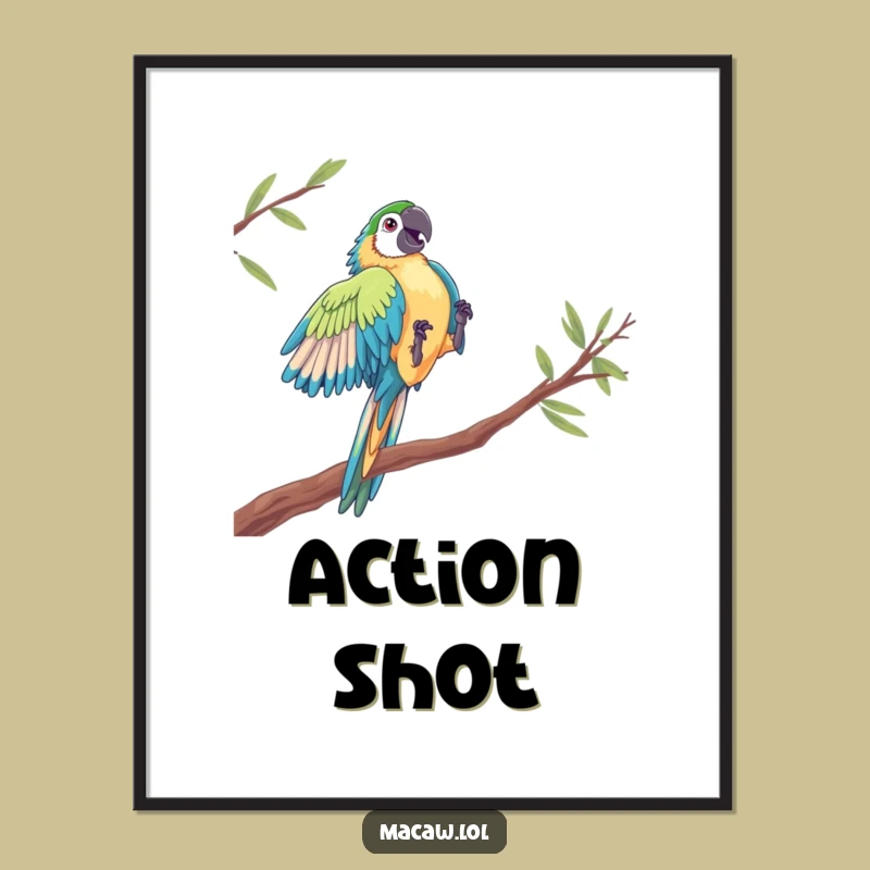Funny Macaw Acrobat Digital Art Print - Dramatic Bird Leap Wall Decor Gift