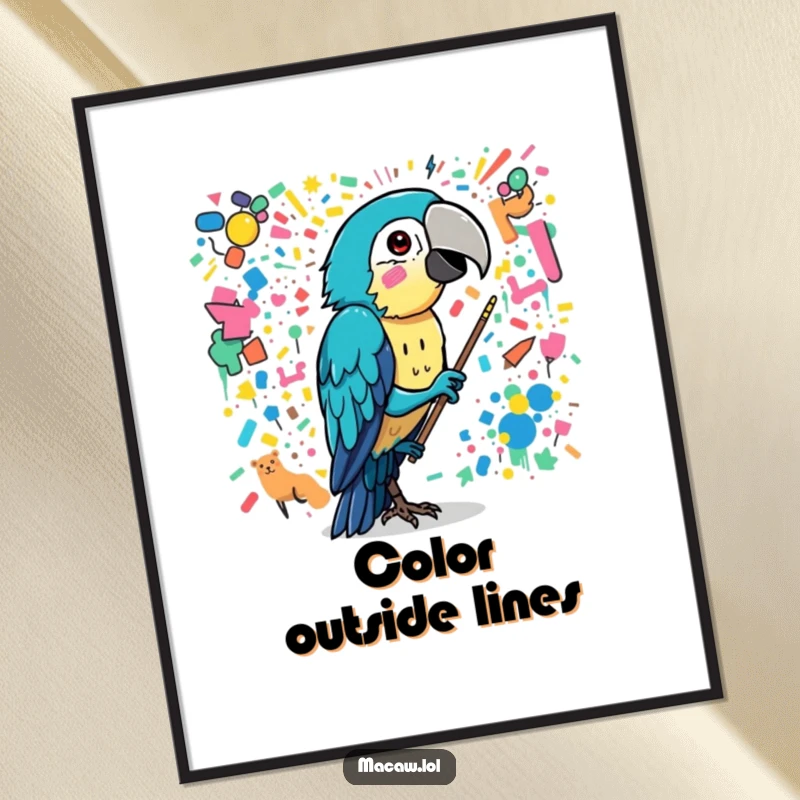 Funny macaw bird painting a chaotic, colorful mural with its beak, humorous and vibrant digital art.