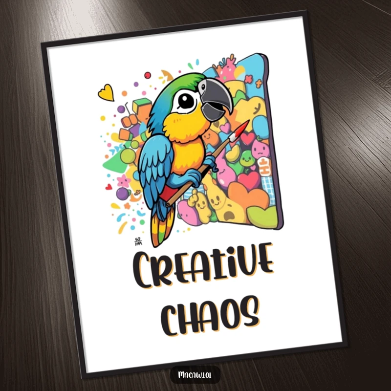 Funny Macaw Artist Digital Art Print: A vibrant macaw beak creates a chaotic, colorful mural, bringing energetic and humorous art to your walls.